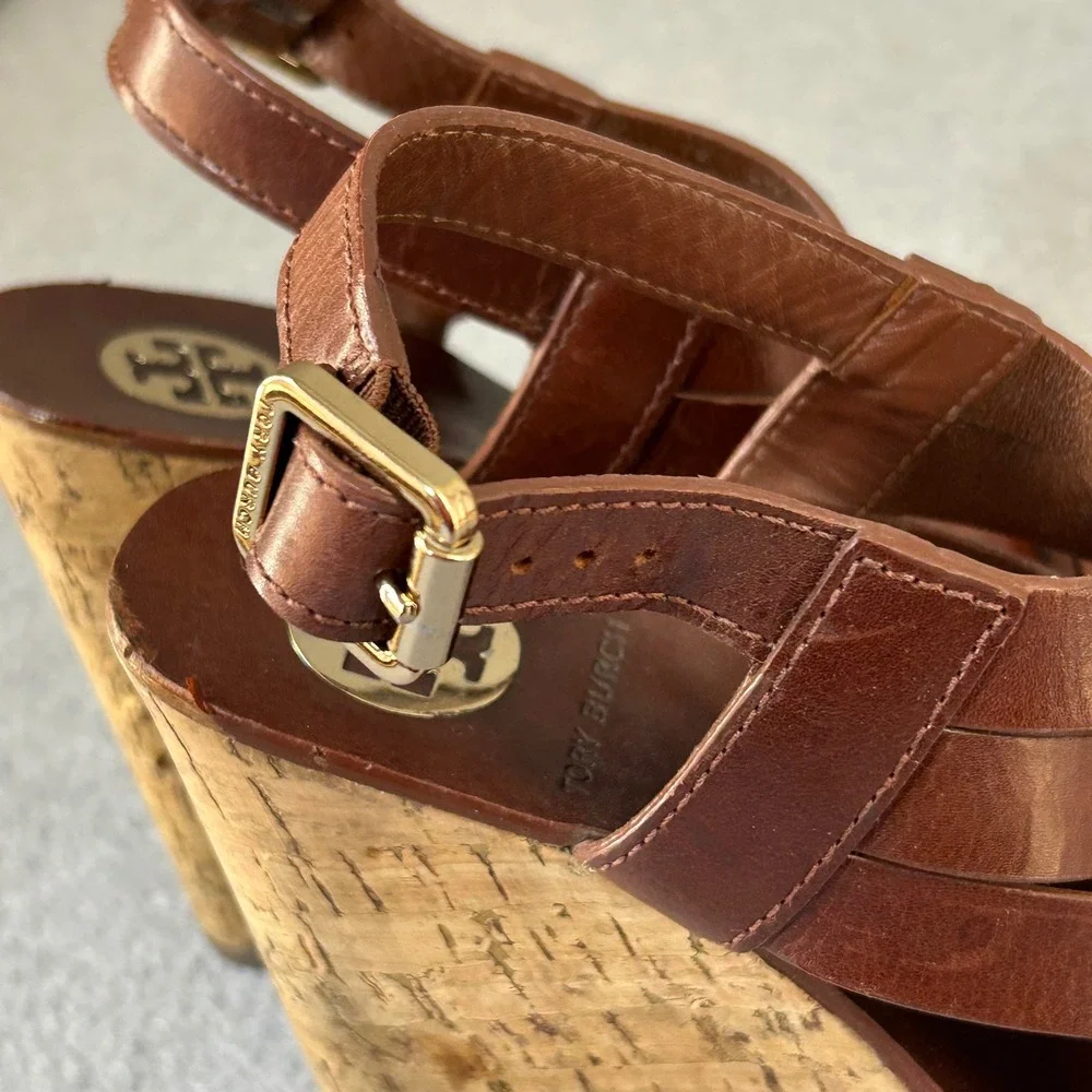 Tory Burch Ace Wedge Heels Brown Sienna Leather Strappy Cork Sandals Size‎ 7 M
